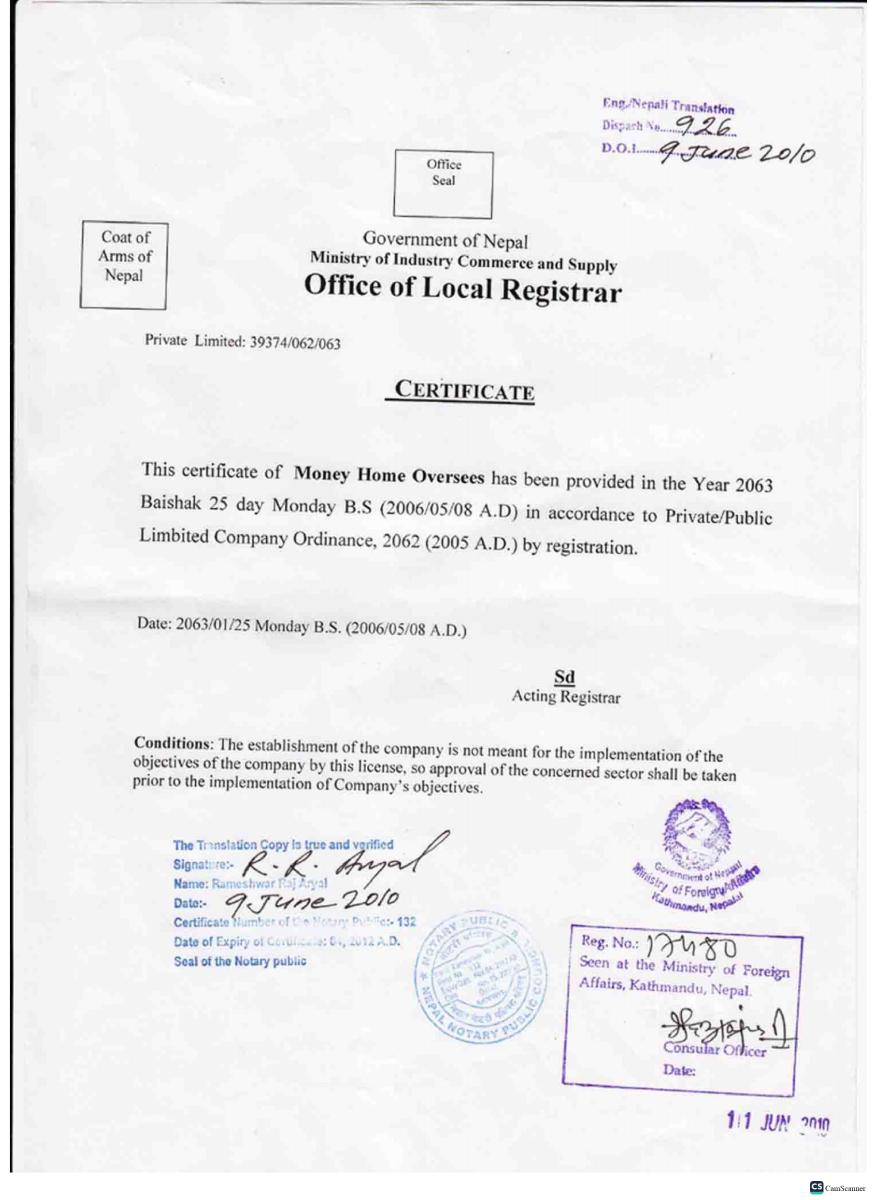 Office of the Company Registrar certificate for Money Home Overseas