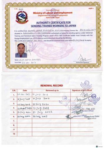 Authority certificate for sending trainee workers to Japan with renewal record
