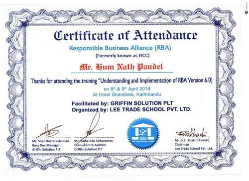 RBA Version 6.0 certificate of attendance for Mr. Hum Nath Paudel